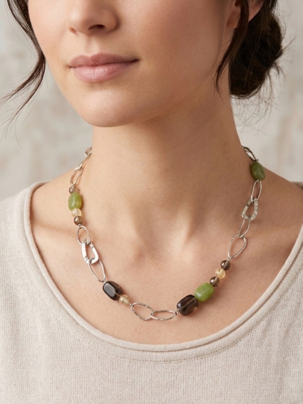 Silpada Retired N1218 Hammered Link Jade & Quartz Necklace